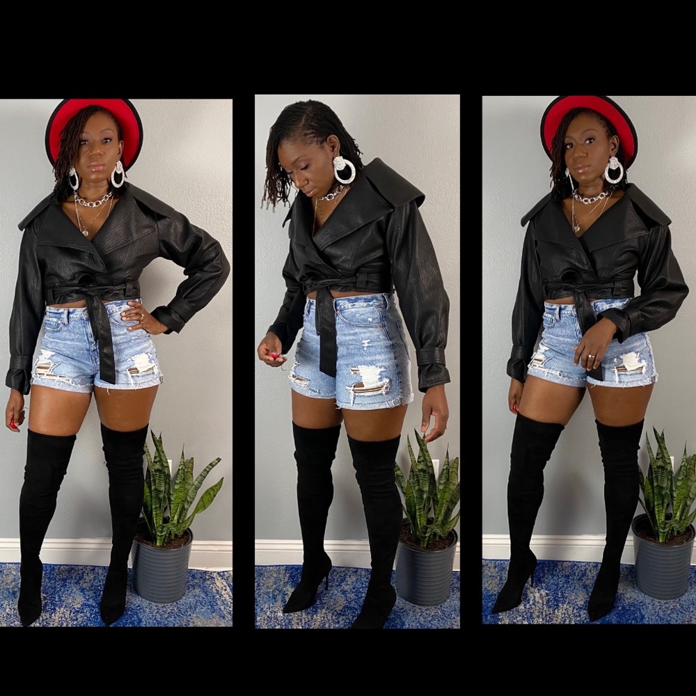 Waterfall Flounce Sleeve Belted Biker Jacket